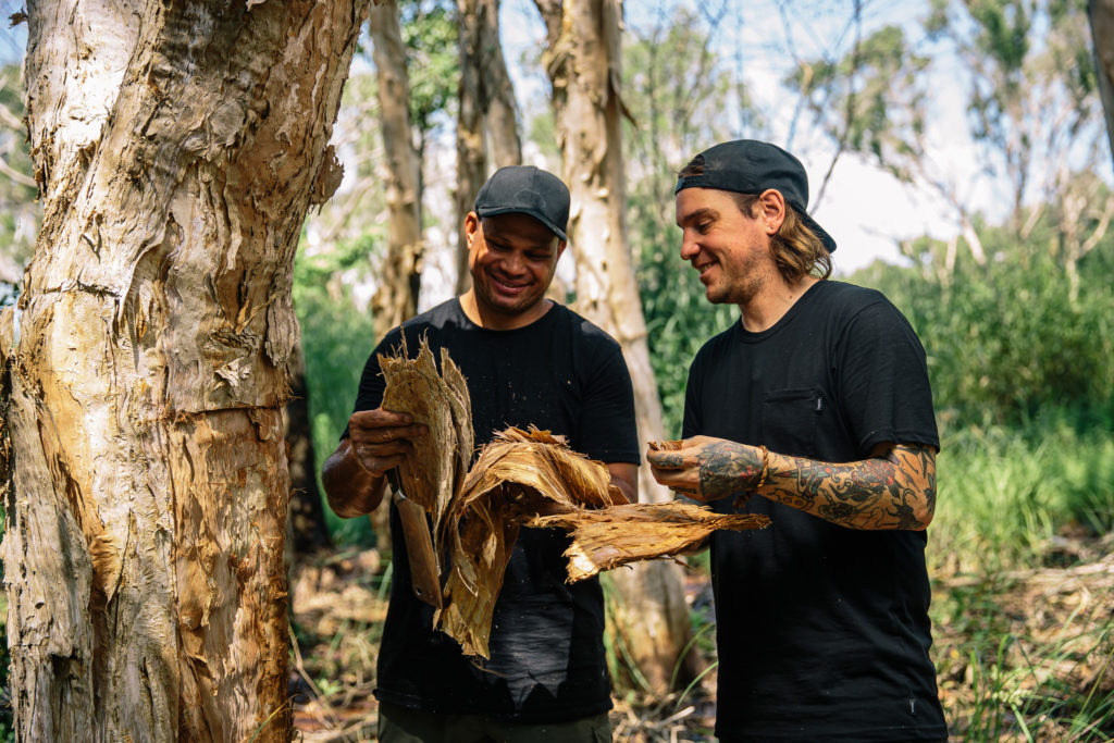Matt and Daniel holding paperbark, a type of superfoods