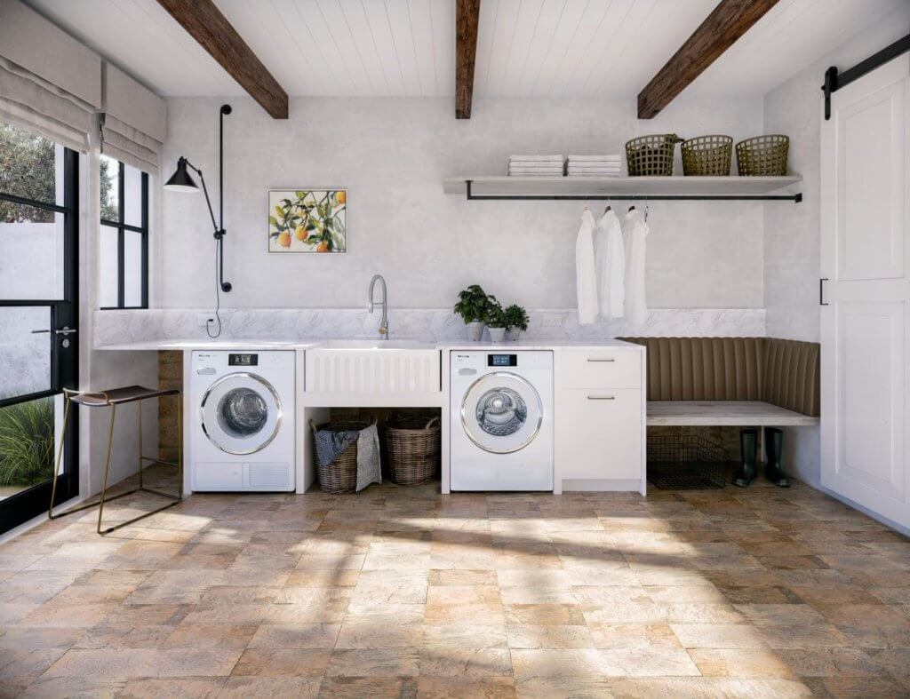 Miele washer dryers in a laundry room of a home