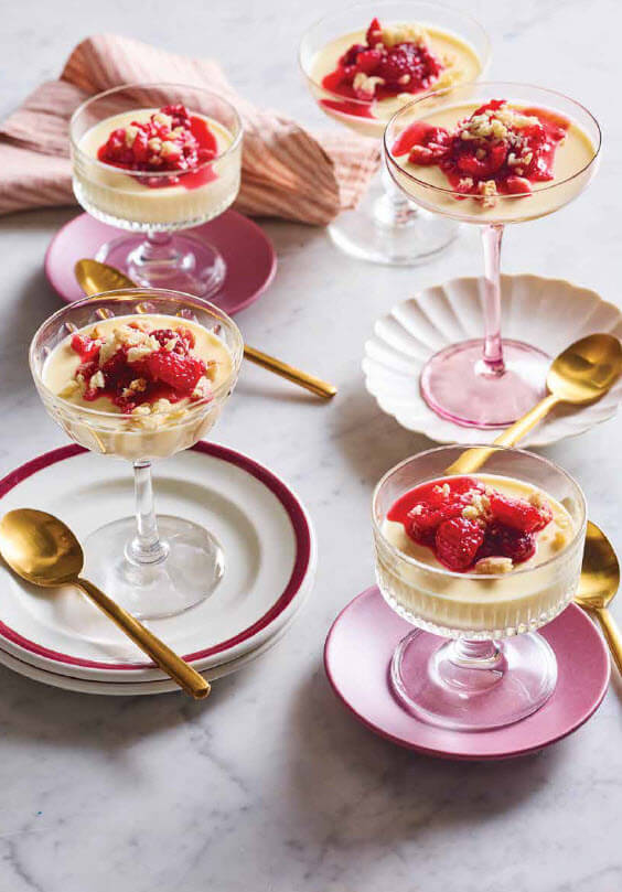 Delicious summer dessert called Lemon Posset with Raspberries and Amaretti Crumb