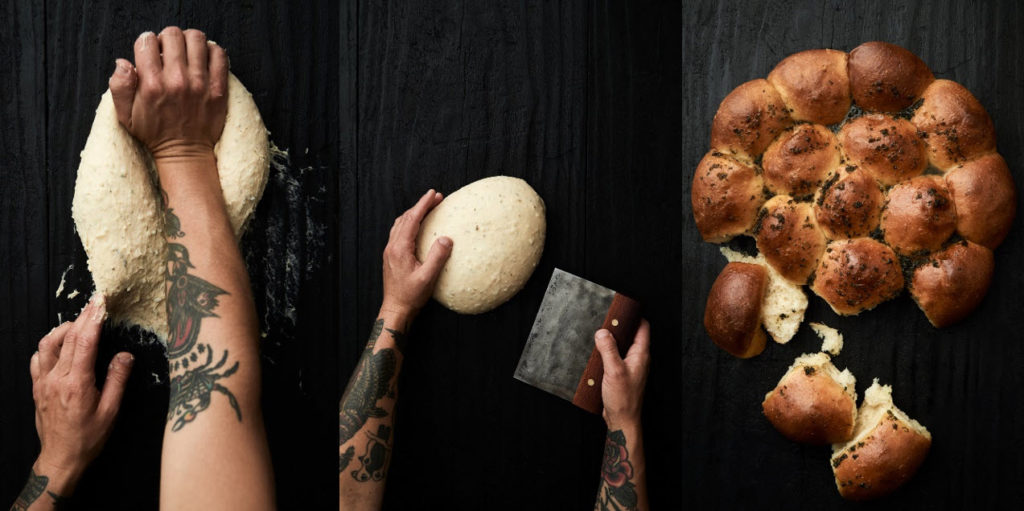 A collage of pictures showing a chef kneading dough to make bread using Miele MoisturePlus