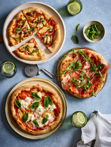 Prosciutto and rocket pizza, Pizza ai fungi and Pumpkin, ricotta and olive pizza