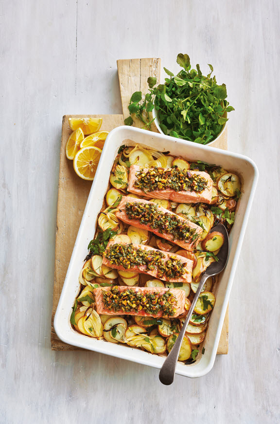 Pistachio crusted salmon on herbed potatoes